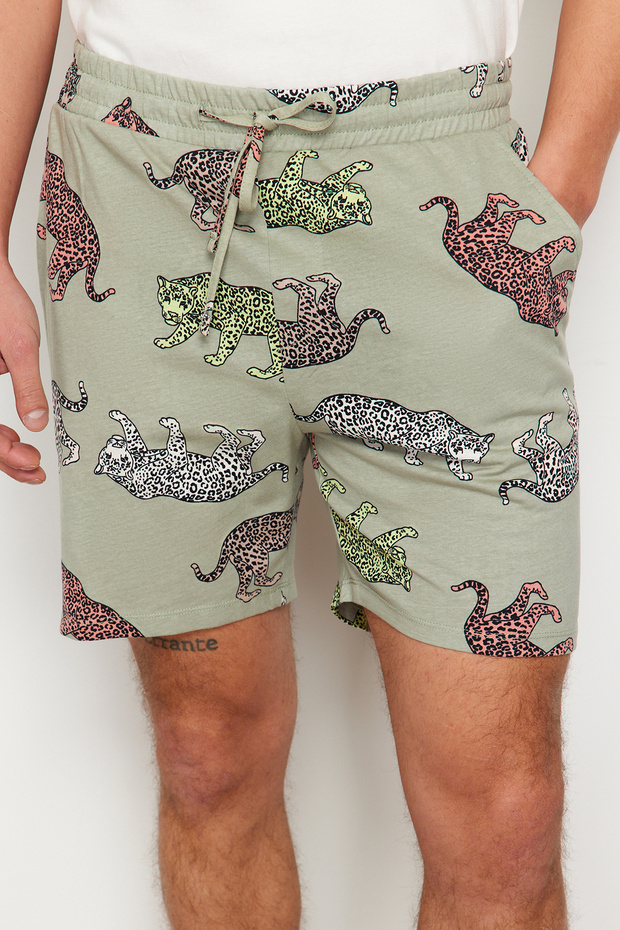 Ekru Regular Fit Hayvan Desenli Couple/Çift Örme Şortlu Erkek Pijama Takımı TMNSS24PT00015 - 5
