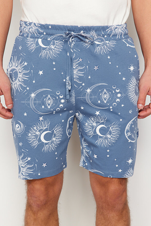 Ekru Mavi Baskılı Regular Fit Couple/Çift Örme Şortlu Pijama Takımı TMNSS24PT00018 - 5