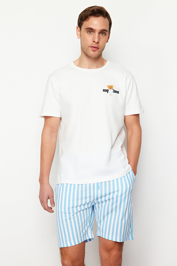 Mavi Ekru Çizgili Regular Fit Couple/Çift Örme Şortlu %100 Pamuk Pijama Takımı TMNSS24PT00017 - 2