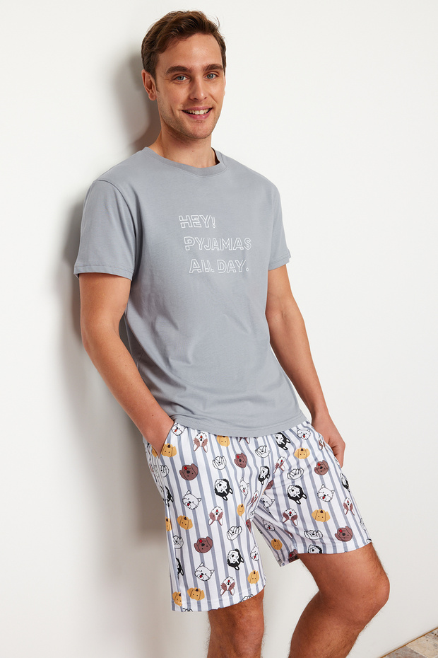 Gri Regular Fit Baskılı Örme Şortlu Pijama Takımı TMNSS23PT00000 - 3