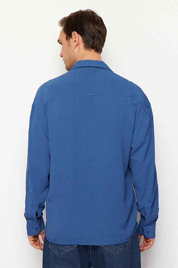 Indigo Oversize Fit Apaş Yaka Yazlık Keten Görünümlü Gömlek TMNSS23GO00053 - 6