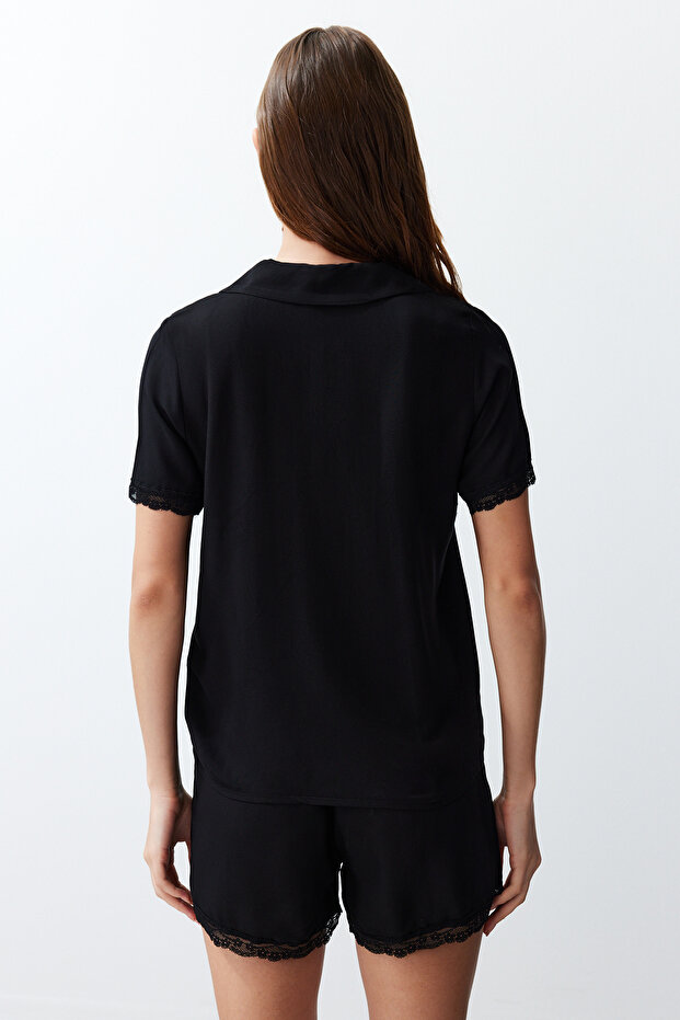Siyah Dantelli Viskon Şortlu Dokuma Pijama Takımı THMSS24PT00181 - 6