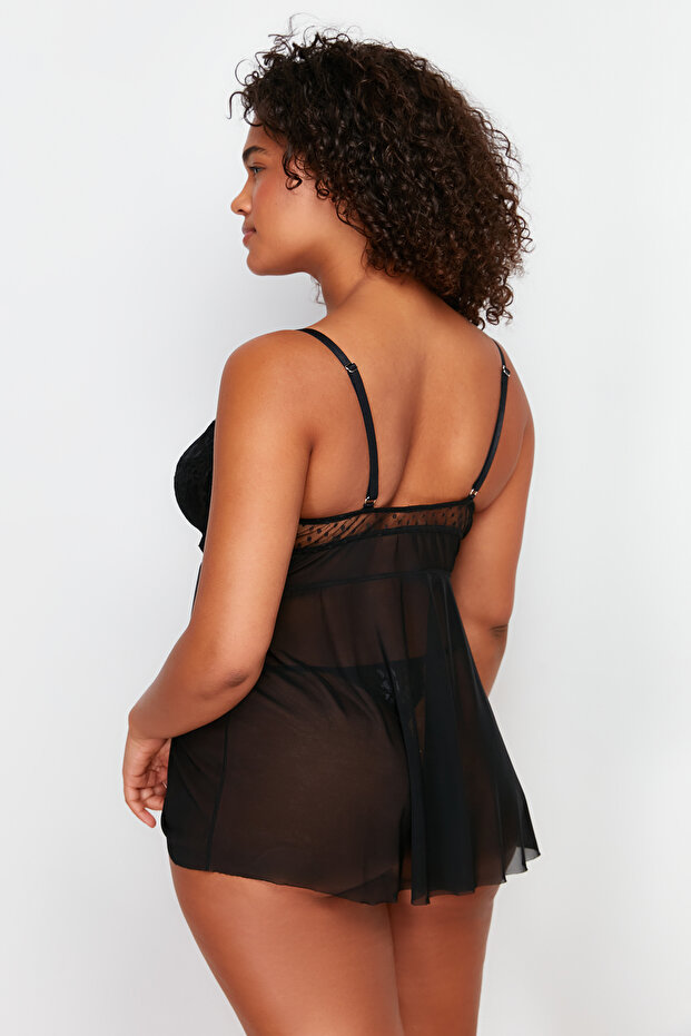 Siyah Yüksek Bel Dantelli Balenli Ayarlanabilir Babydoll&Tanga Takım TBBSS24DH00001 - 6