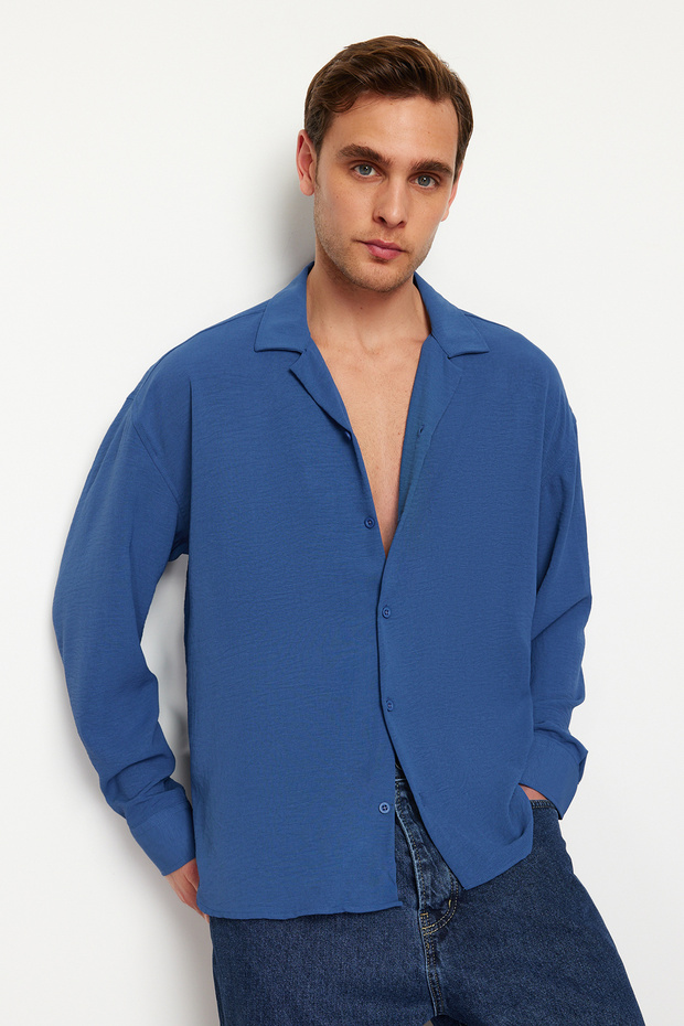 Indigo Oversize Fit Apaş Yaka Yazlık Keten Görünümlü Gömlek TMNSS23GO00053 - 3