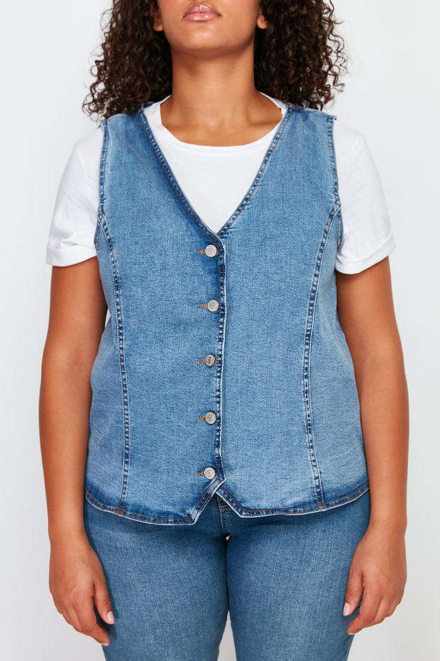 Blue Front Button Plus Size Denim Vest Tbbss24Bh00002 - 4