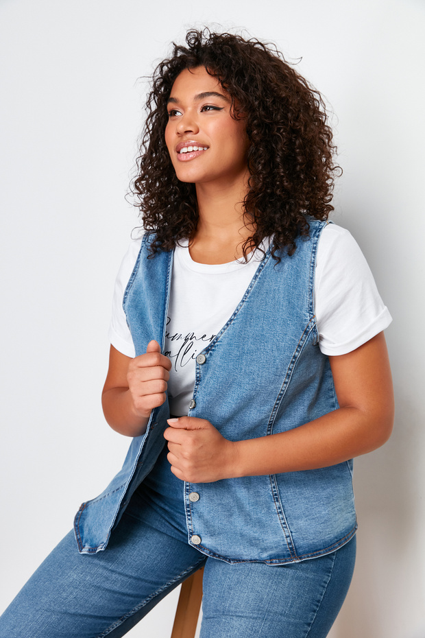 Blue Front Button Plus Size Denim Vest Tbbss24Bh00002 - 3