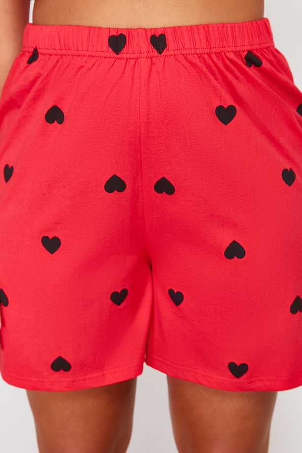 Kırmızı Kalp Desenli Şortlu Gömlek Yaka Örme Pijama Takımı TBBSS24AI00026 - 5