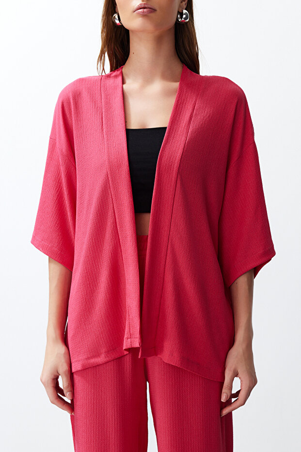 Pembe Relaxed/Rahat Kesim Örme Kimona Pantolon Alt-Üst Takım TWOSS24AU00091 - 4