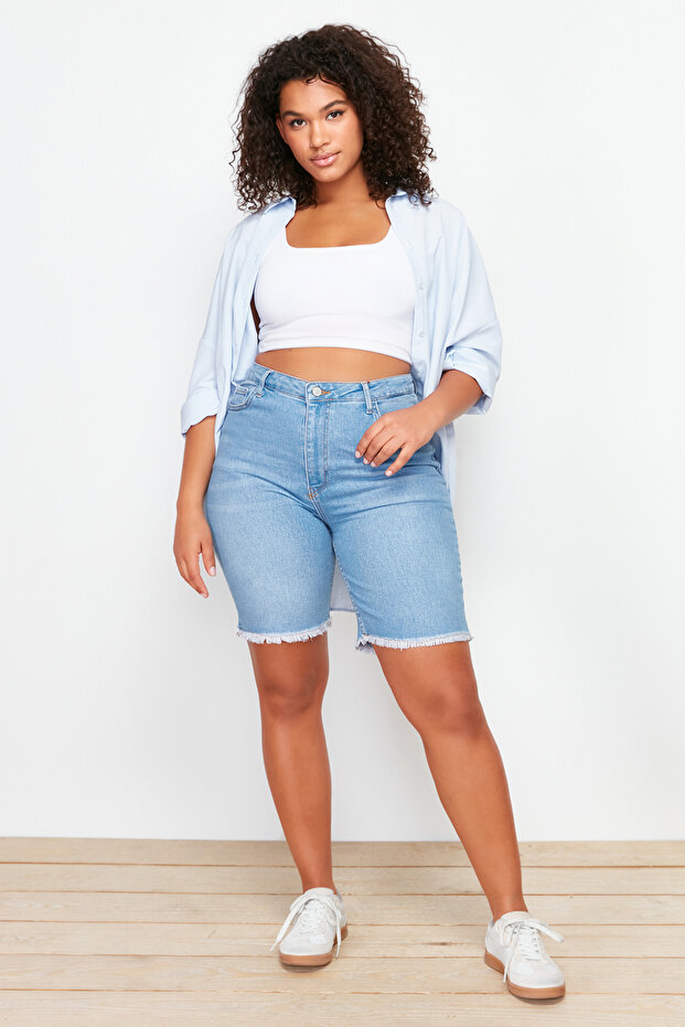 Mavi Paça Püskül Detaylı Esnek Skinny Denim Şort TBBSS24AP00012 - 5