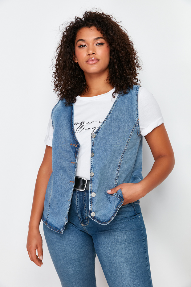 Blue Front Button Plus Size Denim Vest Tbbss24Bh00002 - 1