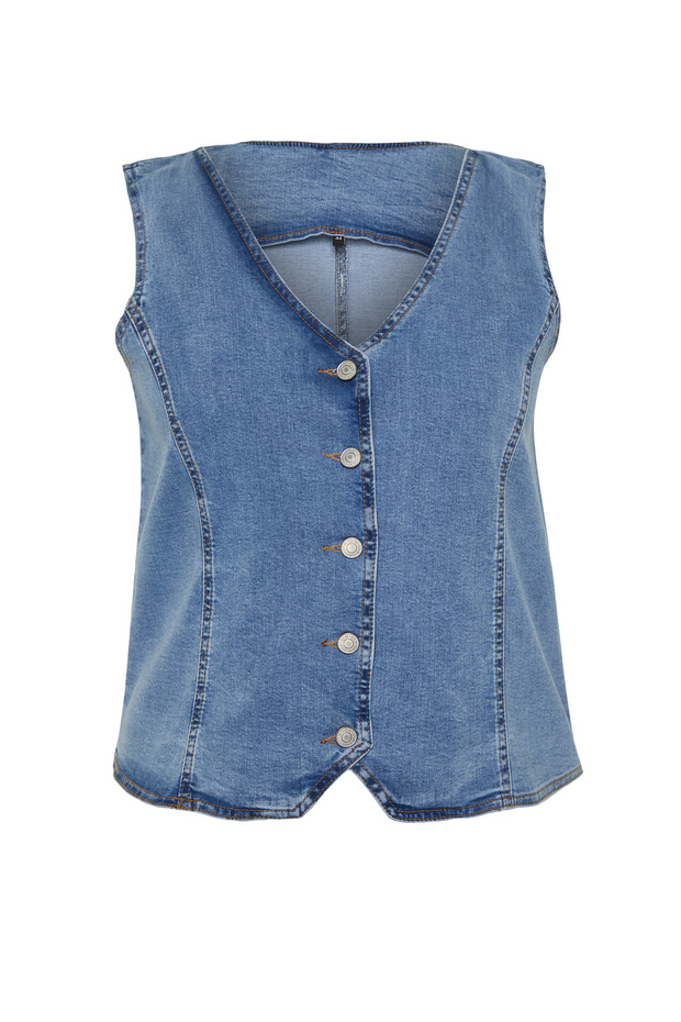 Blue Front Button Plus Size Denim Vest Tbbss24Bh00002 - 7