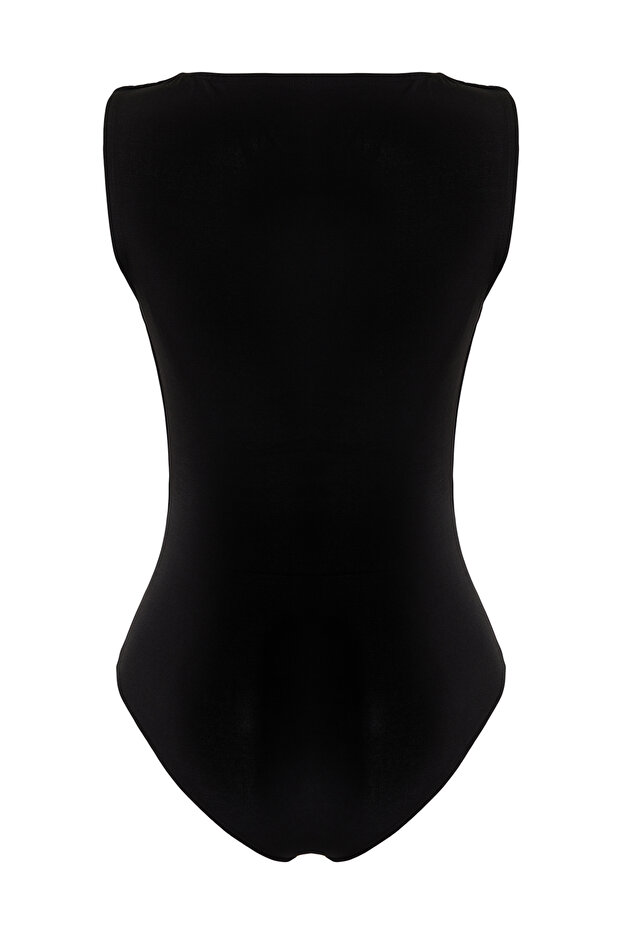 Siyah Büzgü Detaylı Kayık Yaka Esnek Çıtçıtlı Örme Body TWOSS24BD00020 - 8