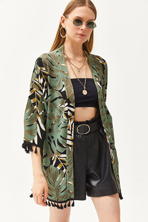 Women's Palm Green Tasseled Loose Knitted Kimono KMN-00000056