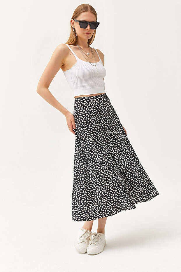 Women's Big Daisy Black Elastic Waist Patterned Long Skirt ETK-19000259