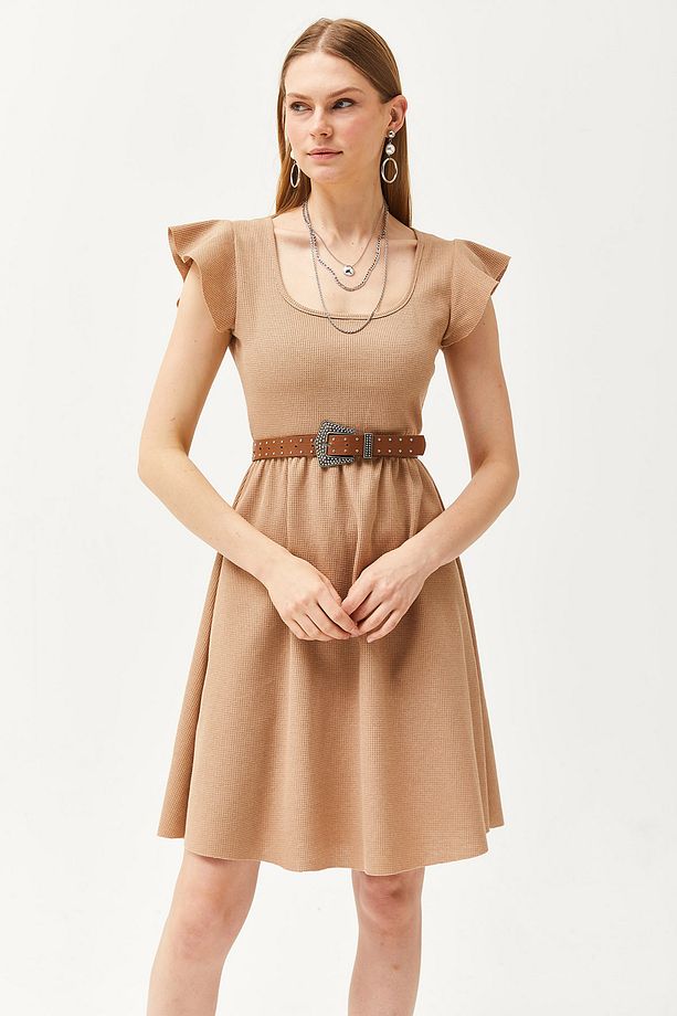 Kadın Camel U Yaka Kol Detaylı Kloş Elbise ELB-19002094 - 3
