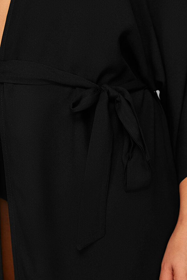 Siyah Etek Ucu Püsküllü Viskon Plaj Giyim Dokuma Büyük Beden Kimono&Kaftan TBBSS24DE00002 - 5