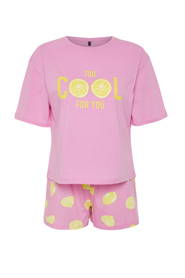 Pembe %100 Pamuklu Slogan ve Limon Baskılı Şortlu Örme Pijama Takımı THMSS24PT00226 - 7