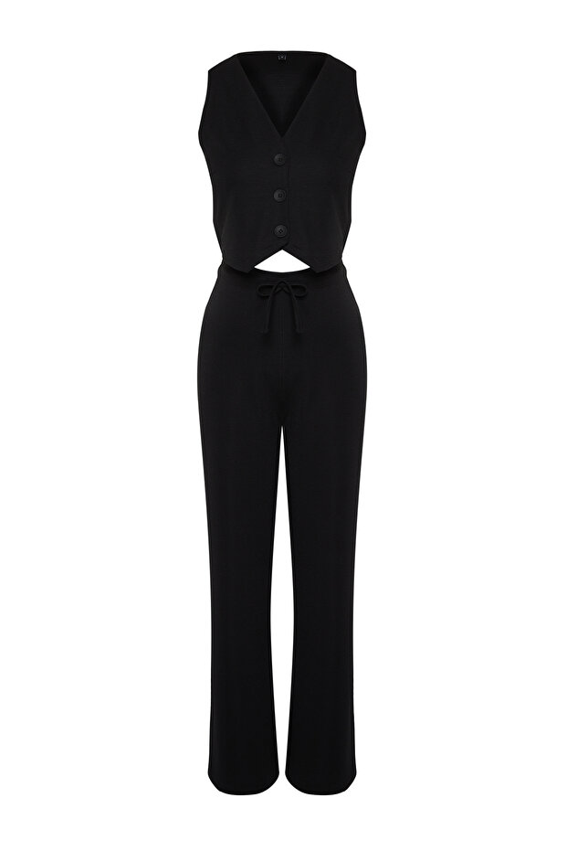 Siyah Düğmeli V Yaka Wide Leg Örme Yelek/Pantolon Alt-Üst Takım TWOSS24AU00017 - 8