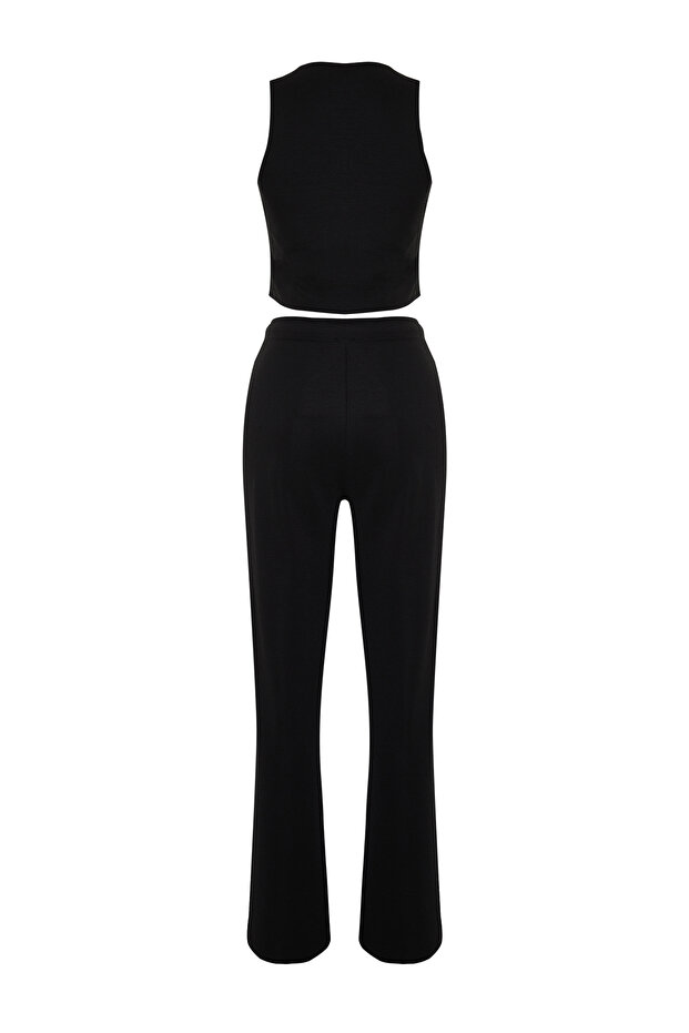 Siyah Düğmeli V Yaka Wide Leg Örme Yelek/Pantolon Alt-Üst Takım TWOSS24AU00017 - 9