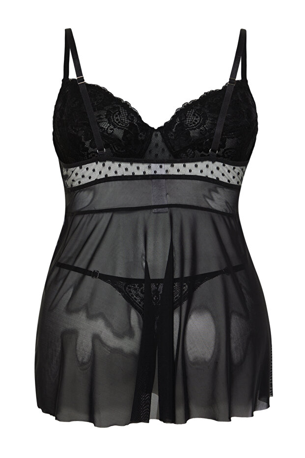 Siyah Yüksek Bel Dantelli Balenli Ayarlanabilir Babydoll&Tanga Takım TBBSS24DH00001 - 8