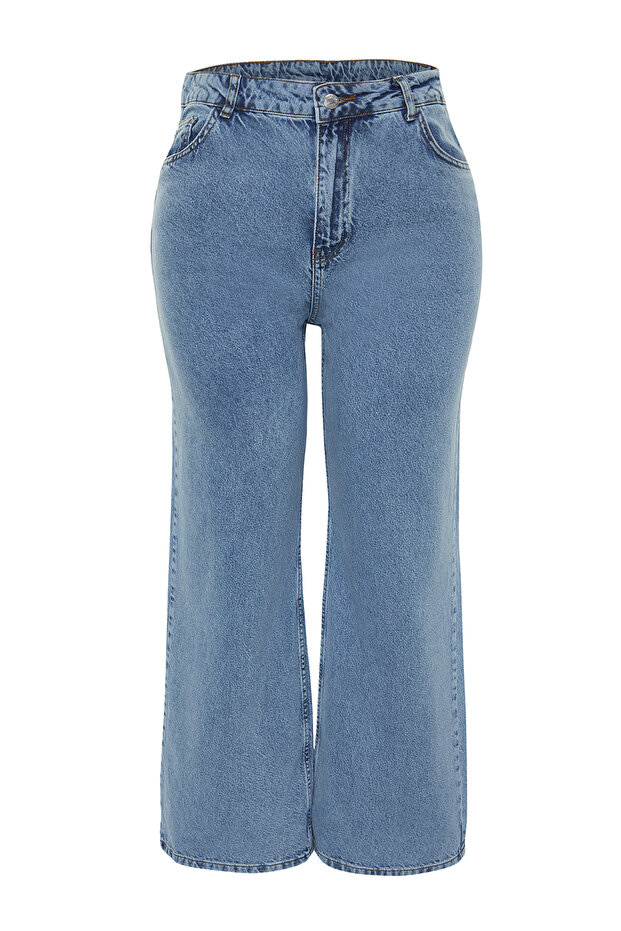 Açık Mavi Yüksek Bel Geniş Paça Denim Büyük Beden Jeans TBBSS24CJ00028 - 7
