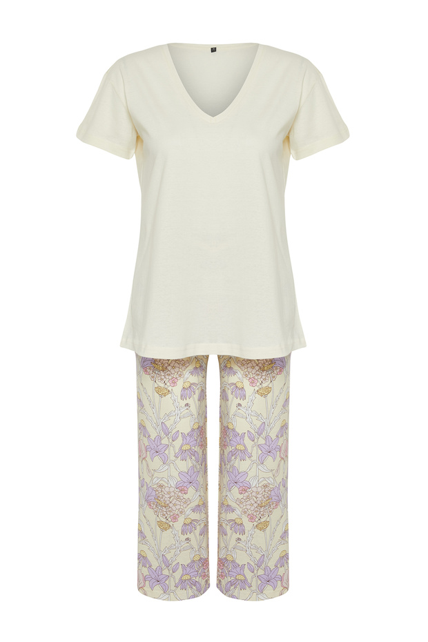 Sarı %100 Pamuklu Çiçekli Kapri Örme Pijama Takımı THMSS24PT00210 - 7