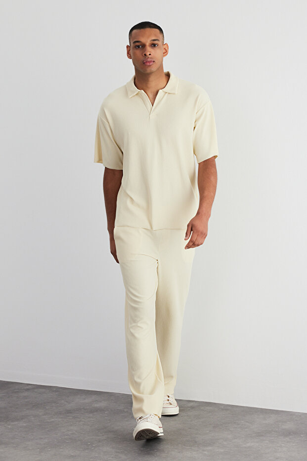 Ekru Oversize/Geniş Kesim Kırışmaz Ottoman Polo Yaka T-Shirt TMNSS23PO00020 - 1