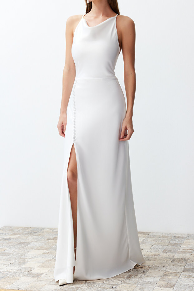 Bridal Beyaz Dokuma Saten Düğün/Nikah Uzun Gece Abiye Elbise TPRSS24AE00042 - 5