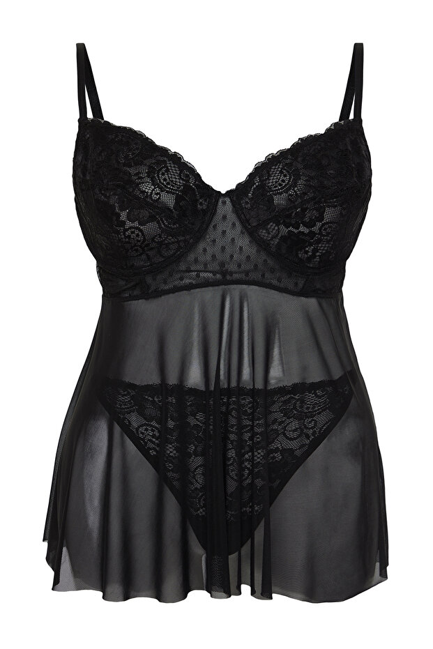 Siyah Yüksek Bel Dantelli Balenli Ayarlanabilir Babydoll&Tanga Takım TBBSS24DH00001 - 7