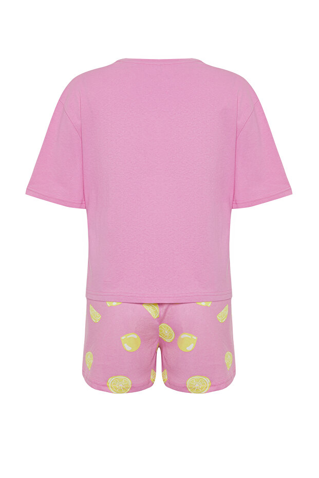 Pembe %100 Pamuklu Slogan ve Limon Baskılı Şortlu Örme Pijama Takımı THMSS24PT00226 - 8