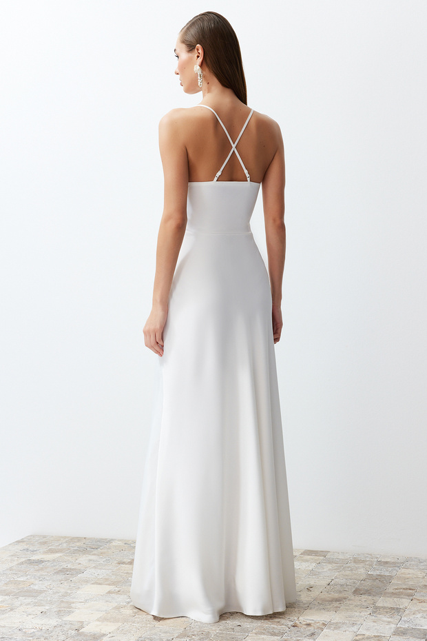 Bridal Beyaz Dokuma Saten Düğün/Nikah Uzun Gece Abiye Elbise TPRSS24AE00042 - 7