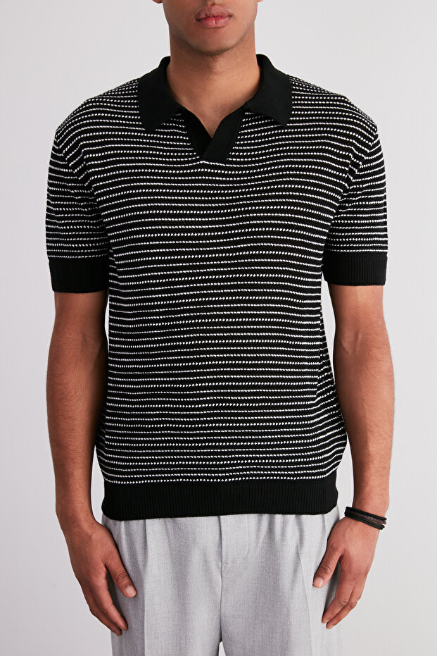 Siyah Relaxed Kısa Kol Polo Yaka Triko T-shirt TMNSS23PO00026 - 4