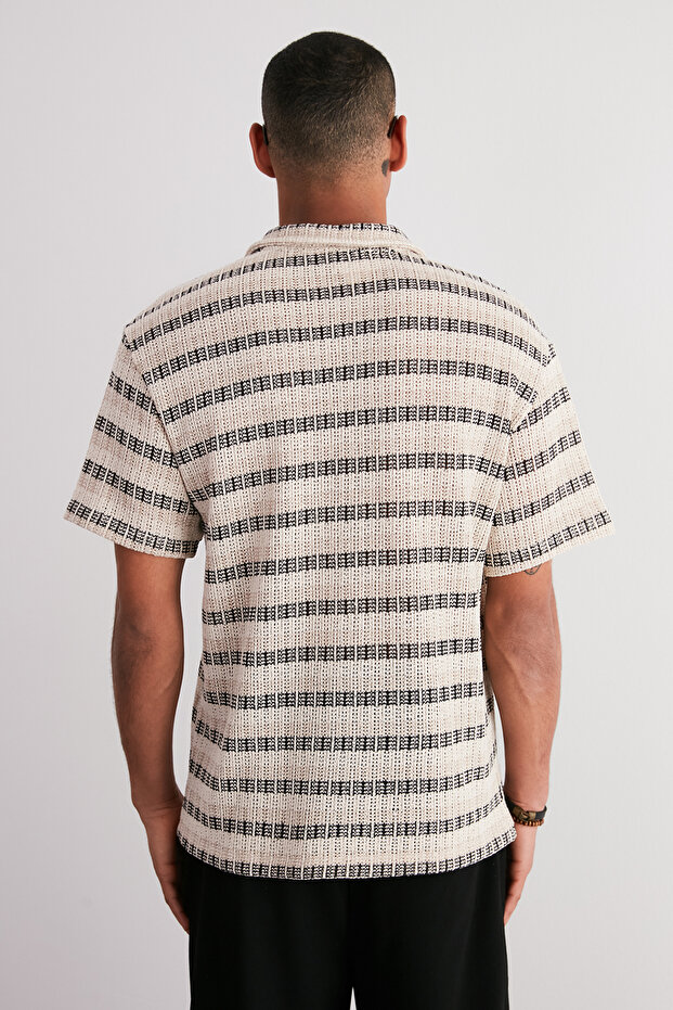 Ekru Oversize/Geniş Kesim Düşük Omuz Çizgili Polo Yaka T-shirt TMNSS24PO00023 - 6