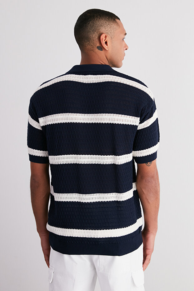 Lacivert Regular Fit Pamuklu Çizgili Kaçık Pat Triko Polo Yaka T-ShirtTMNSS24PO00004 - 6