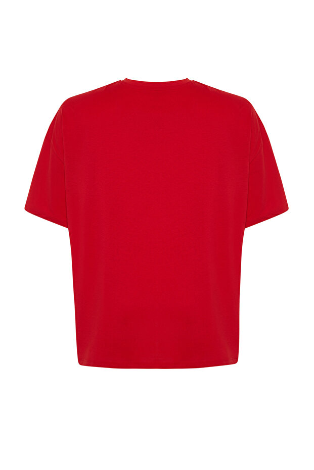 Túlméretes piros szlogen nyomott 100% pamut nagy méretű póló - TBBSS24BF00018 - 8