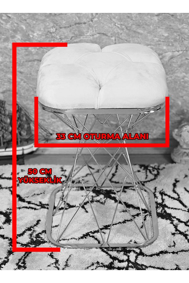Kare Beyaz Boyalı Gri Puf Oturak - Bench - Ayak Ucu Oturak - Tabure - Makyaj Oturak - 1