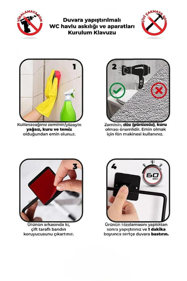 Yapışkanlı 4 lü Uzun Havluluk Rulo Kağıt Havluluk Tuvalet Wc Kağıtlık Banyo Mutfak Set - 6