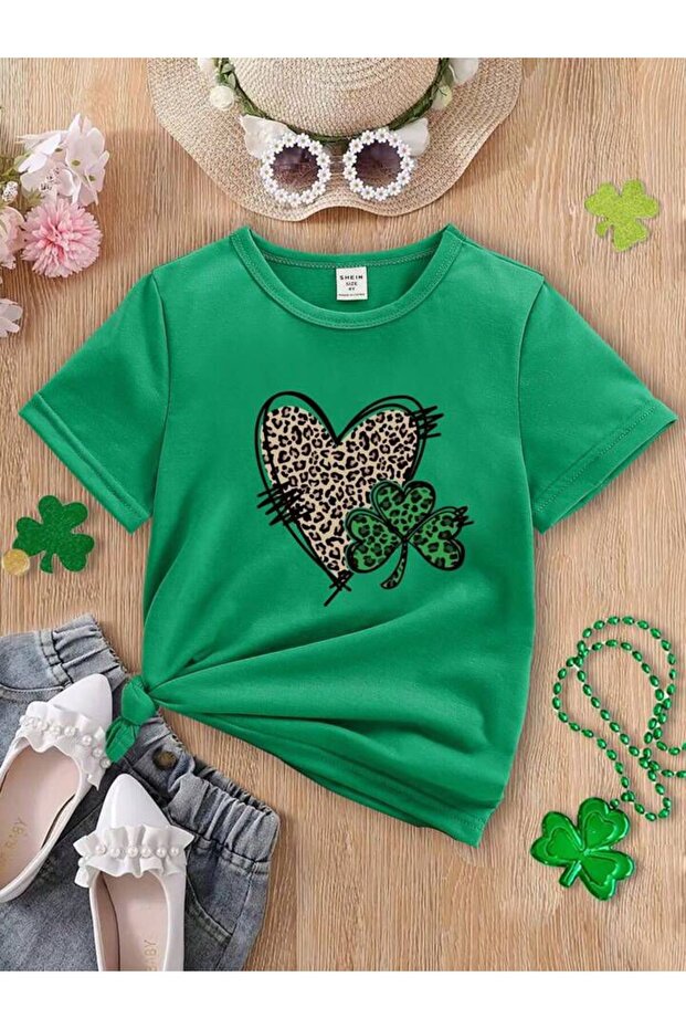 Girl's Leopard Heart Printed Green Combed Cotton T-Shirt