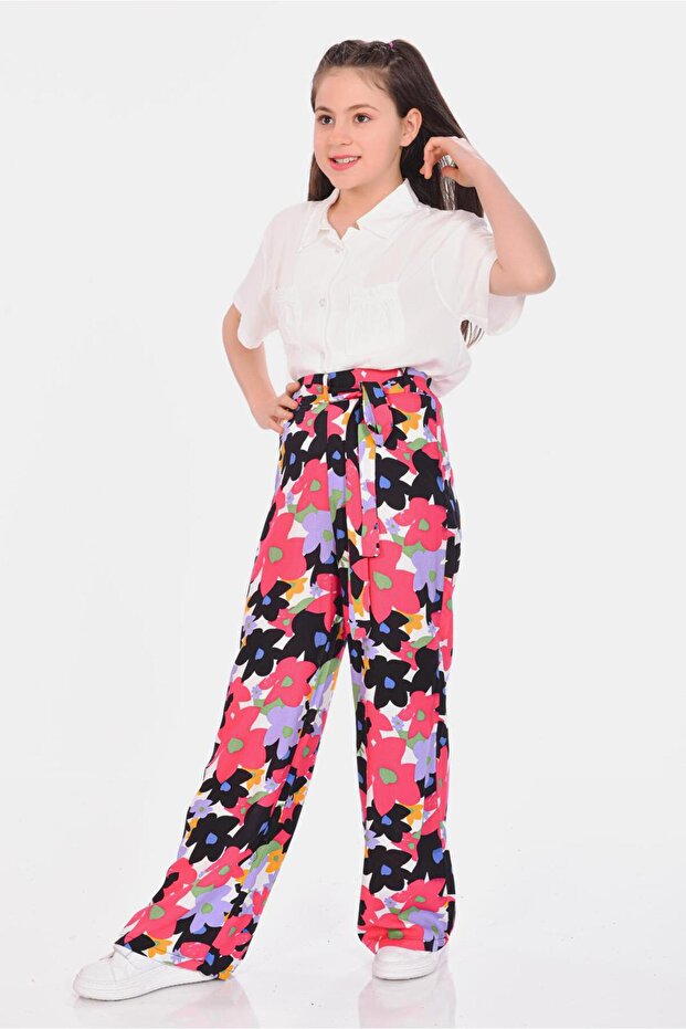 Viscose Relaxed Fit Wide Leg Patterned Girls' Trousers