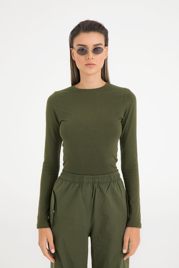 Cotton Round Neck Blouse Khaki