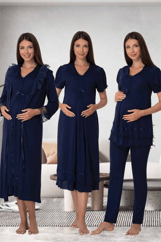 Women's Navy Blue Adjustable Waist Cotton Maternity Maternity Dressing Gown Pajamas Set Nightgown Set of 4