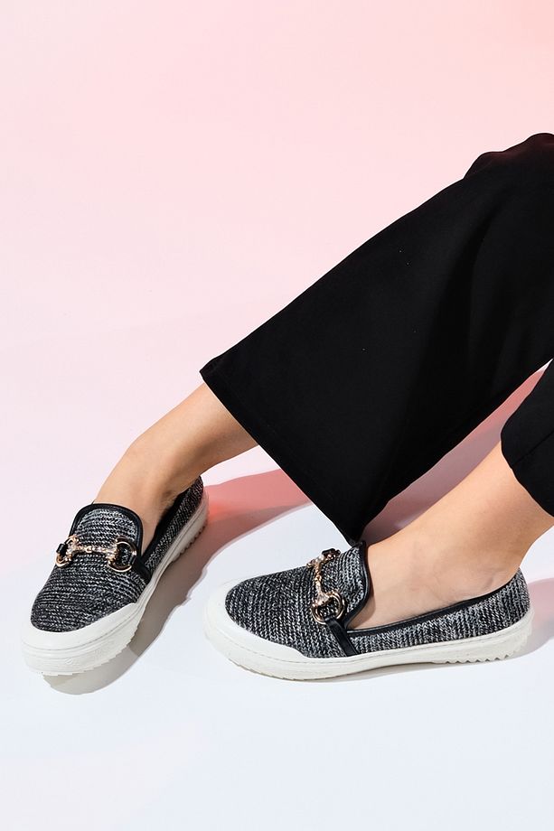BARCELOS Siyah Hasır Tokalı Kadın Loafer Ayakkabı - 5