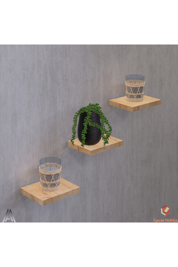 Meşe Uçan Duvar Rafı 3 Adet Dekoratif Raf Çiçeklik Mumluk Dekoratif Çiçeklik - 1