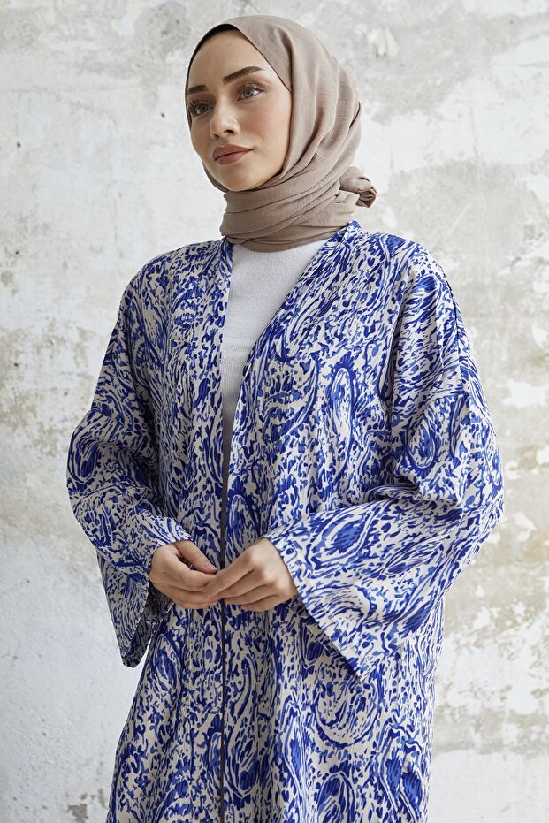 كيمونو طويل بنمط ملفوف - أزرق - 2