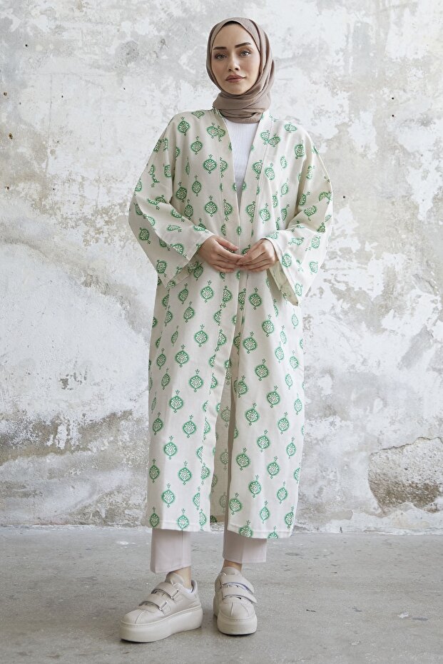 Ethnic Pattern Long Kimono - Green