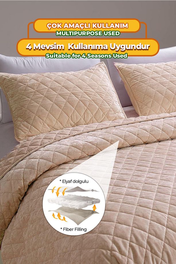 Kapitone Kadife Yatak Örtüsü Seti Tek Kişilik Supersoft 2 Parça Yumuşak Elyaf Dolgulu Çeyizlik Bej - 5