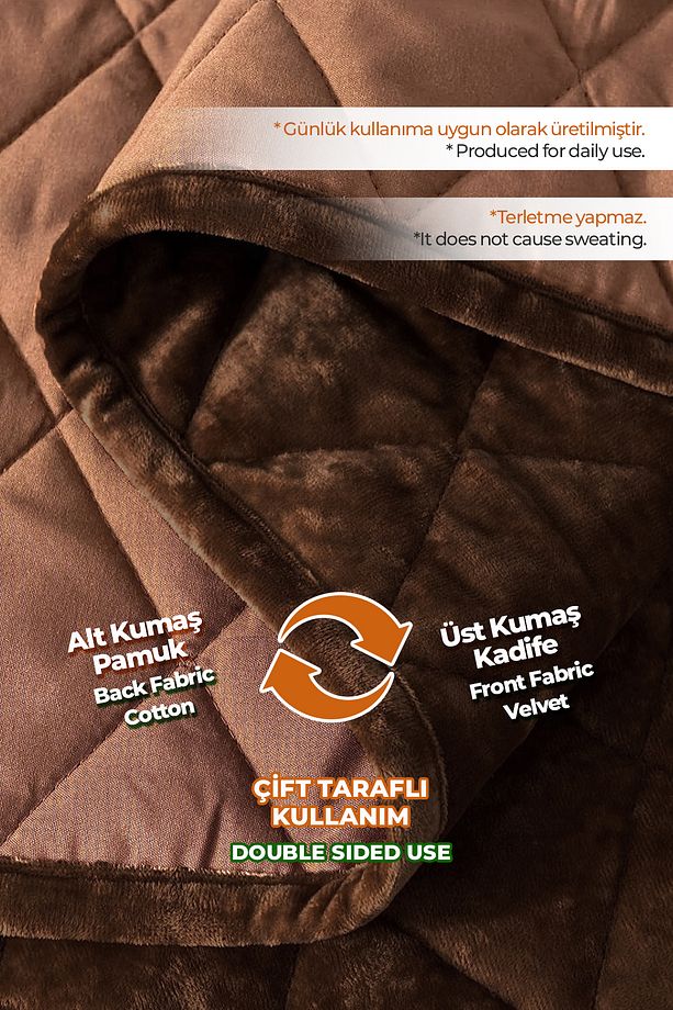 Kapitone Kadife Yatak Örtüsü Seti Tek Kişilik Supersoft 2 Parça Yumuşak Elyaf Dolgulu Koyu Kahve - 3