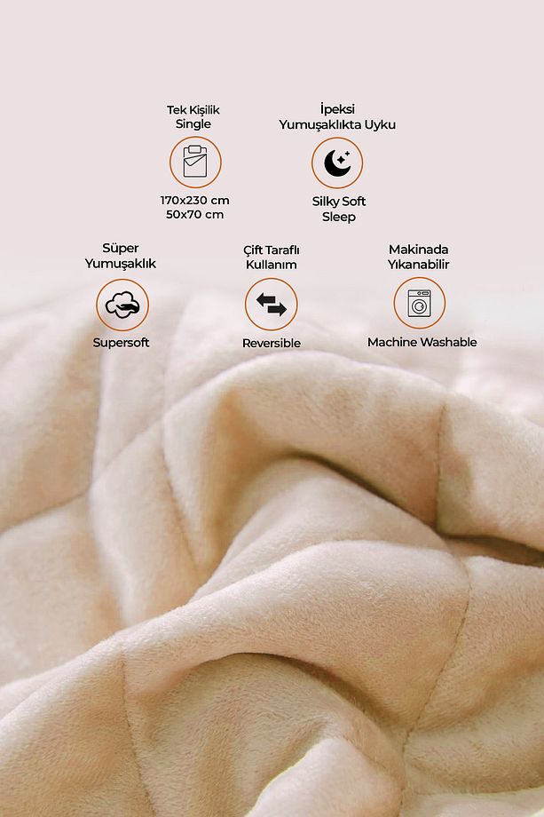 Kapitone Kadife Yatak Örtüsü Seti Tek Kişilik Supersoft 2 Parça Yumuşak Elyaf Dolgulu Çeyizlik Bej - 4