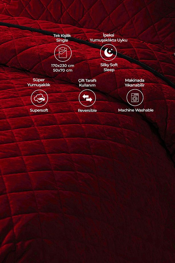 Kapitone Kadife Yatak Örtüsü Seti Tek Kişilik Supersoft 2 Parça Yumuşak Elyaf Dolgulu Kırmızı - 4