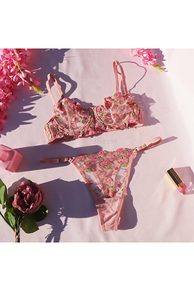 Pink Floral Underwire Underwire Bra Set Dowry Underwear Coquette